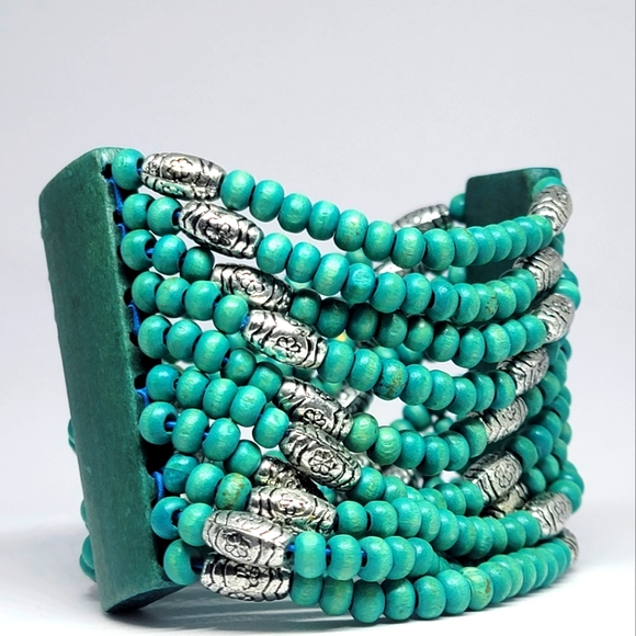 Thick Handmade 10 Row Turquoise and Silver Wooden Bead Bracelet - Picture 5 of 5
